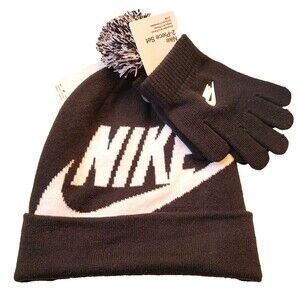 NWT Nike Boy's Black/White Swoosh 2PC Pom Beanie Hat & Gloves Set 9A2695-023